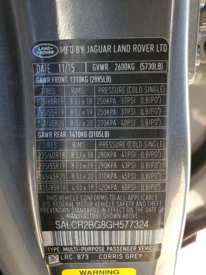 2016 Land Rover Discovery Sport Hse VIN: SALCR2BG8GH577324 Lot: 63294135