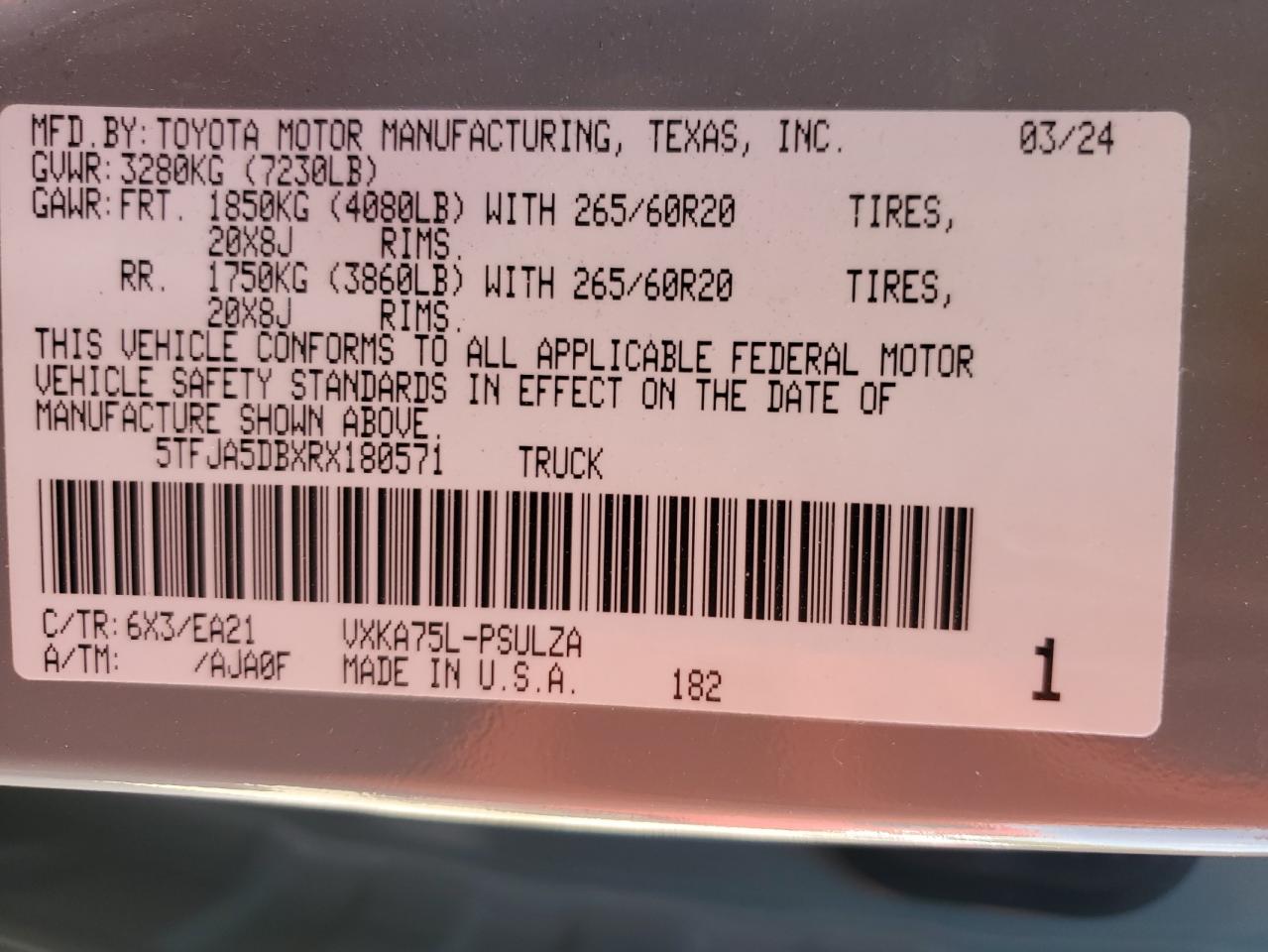 2024 Toyota Tundra Crewmax Limited VIN: 5TFJA5DBXRX180571 Lot: 62751695