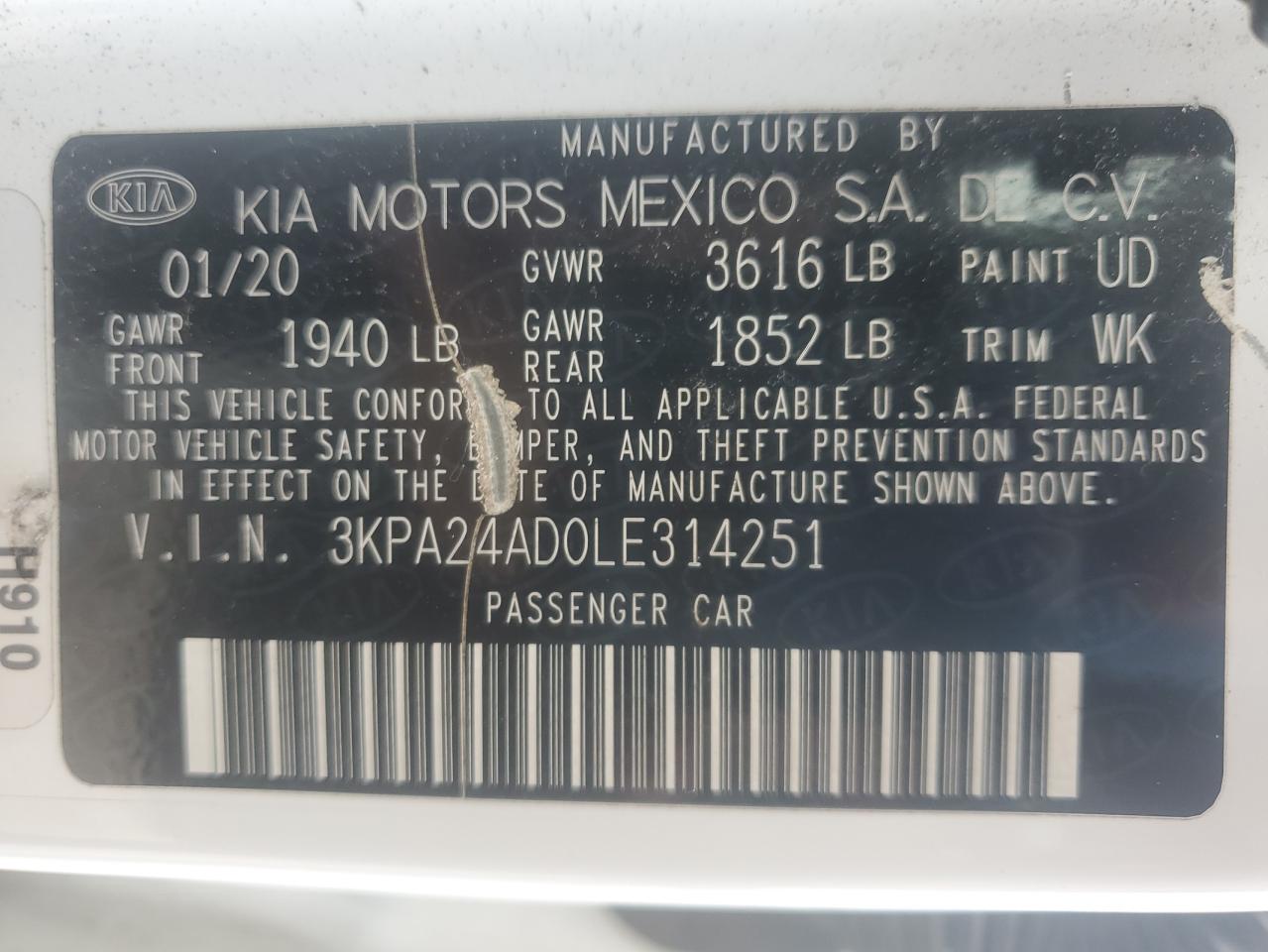 2020 Kia Rio Lx VIN: 3KPA24AD0LE314251 Lot: 62964015