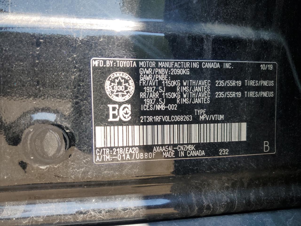 2020 Toyota Rav4 Xle VIN: 2T3R1RFV0LC068263 Lot: 66686255