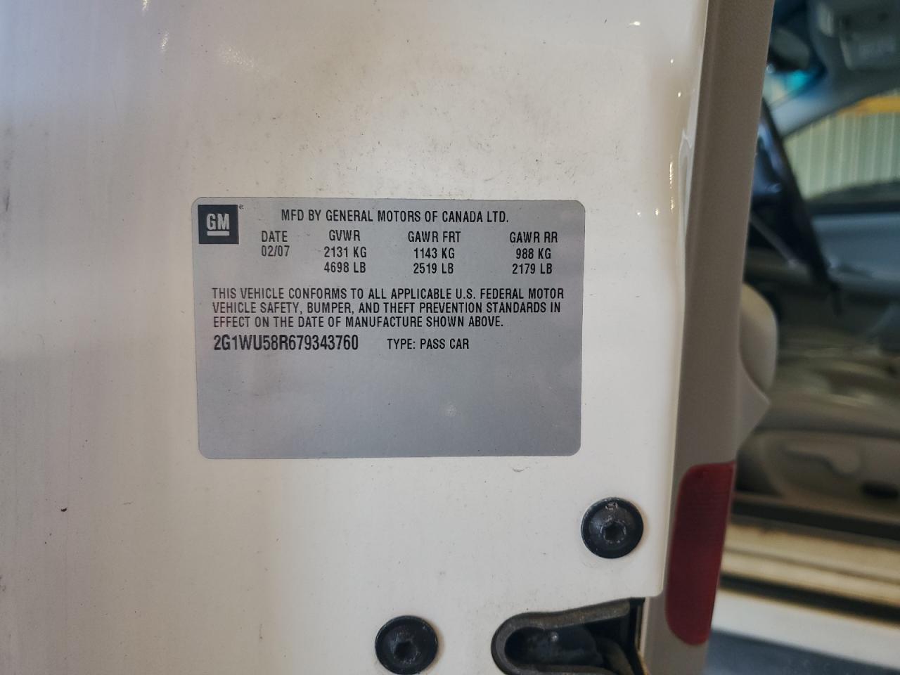 2007 Chevrolet Impala Ltz VIN: 2G1WU58R679343760 Lot: 65950985