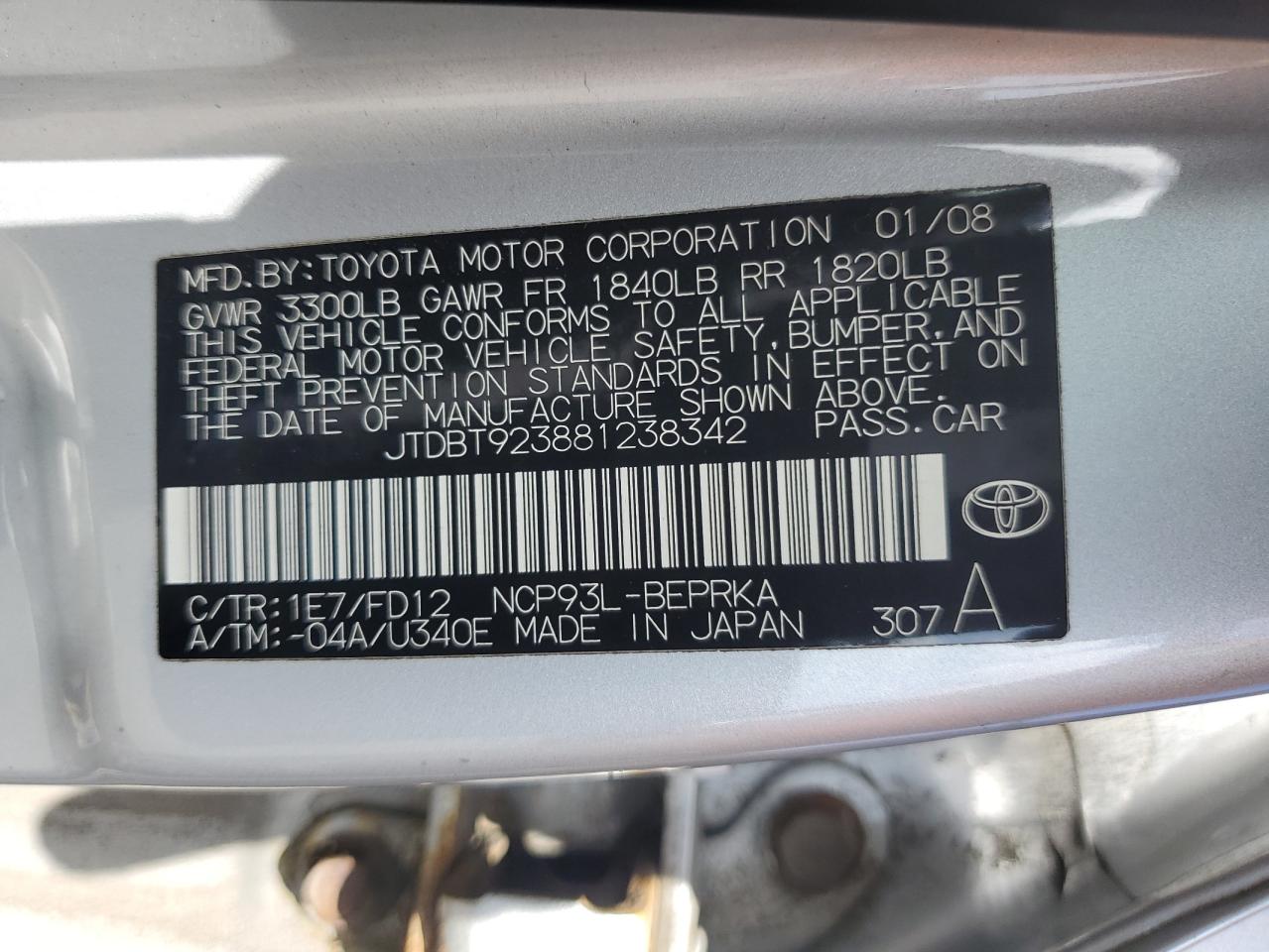 2008 Toyota Yaris VIN: JTDBT923881238342 Lot: 63681175
