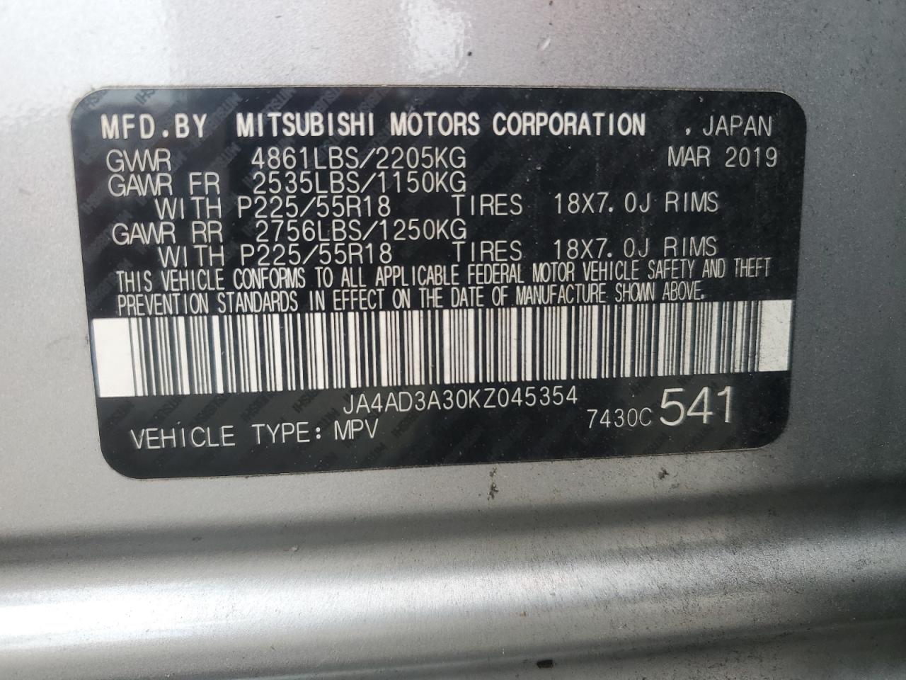 2019 Mitsubishi Outlander Se VIN: JA4AD3A30KZ045354 Lot: 63385505