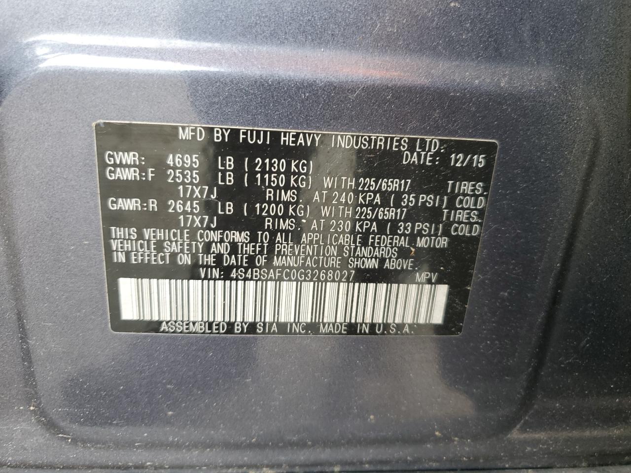 2016 Subaru Outback 2.5I Premium VIN: 4S4BSAFC0G3268027 Lot: 62573675