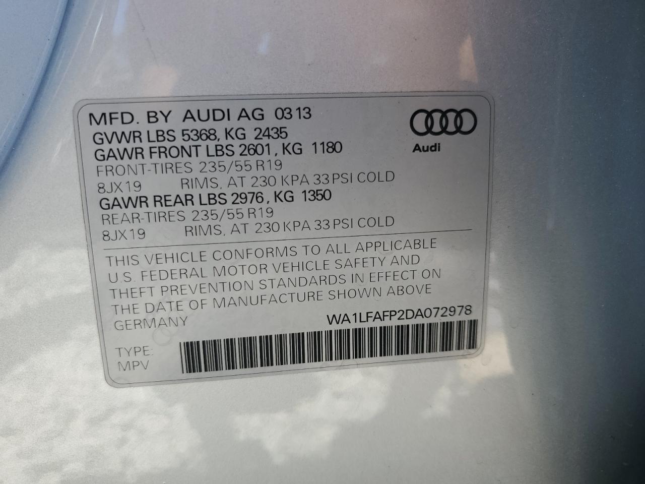 2013 Audi Q5 Premium Plus VIN: WA1LFAFP2DA072978 Lot: 65458015