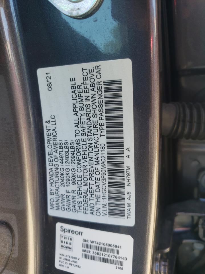 2021 Honda Accord Touring Hybrid VIN: 1HGCV3F90MA021180 Lot: 64299035