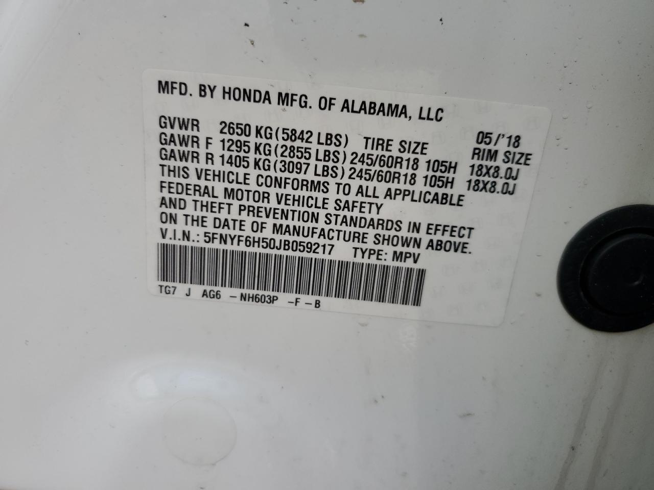 2018 Honda Pilot Exl VIN: 5FNYF6H50JB059217 Lot: 65168625