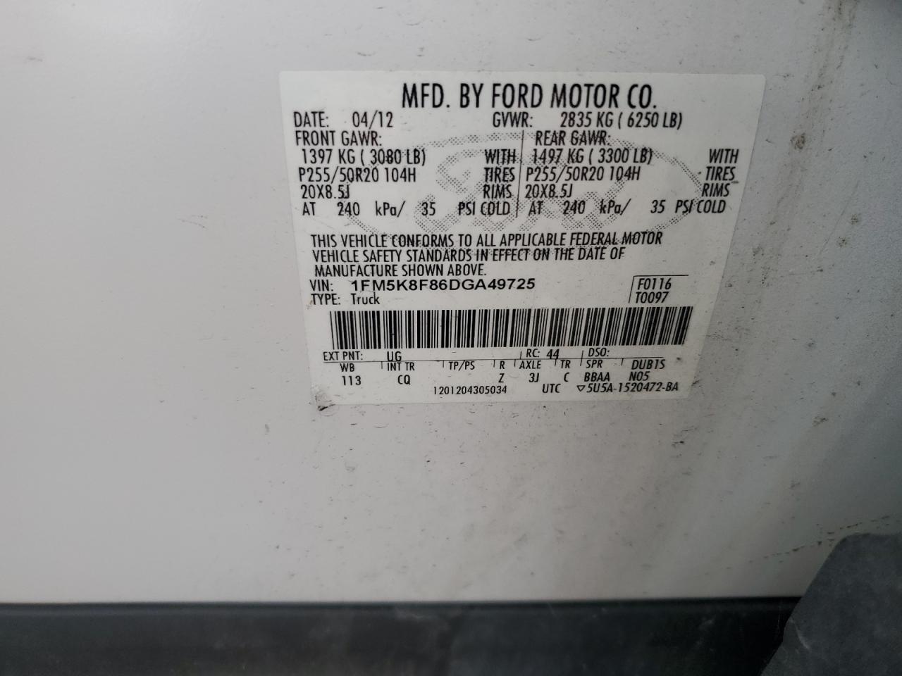 2013 Ford Explorer Limited VIN: 1FM5K8F86DGA49725 Lot: 64238105