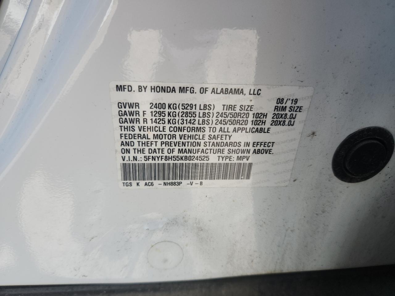 2019 Honda Passport Exl VIN: 5FNYF8H55KB024525 Lot: 63112425