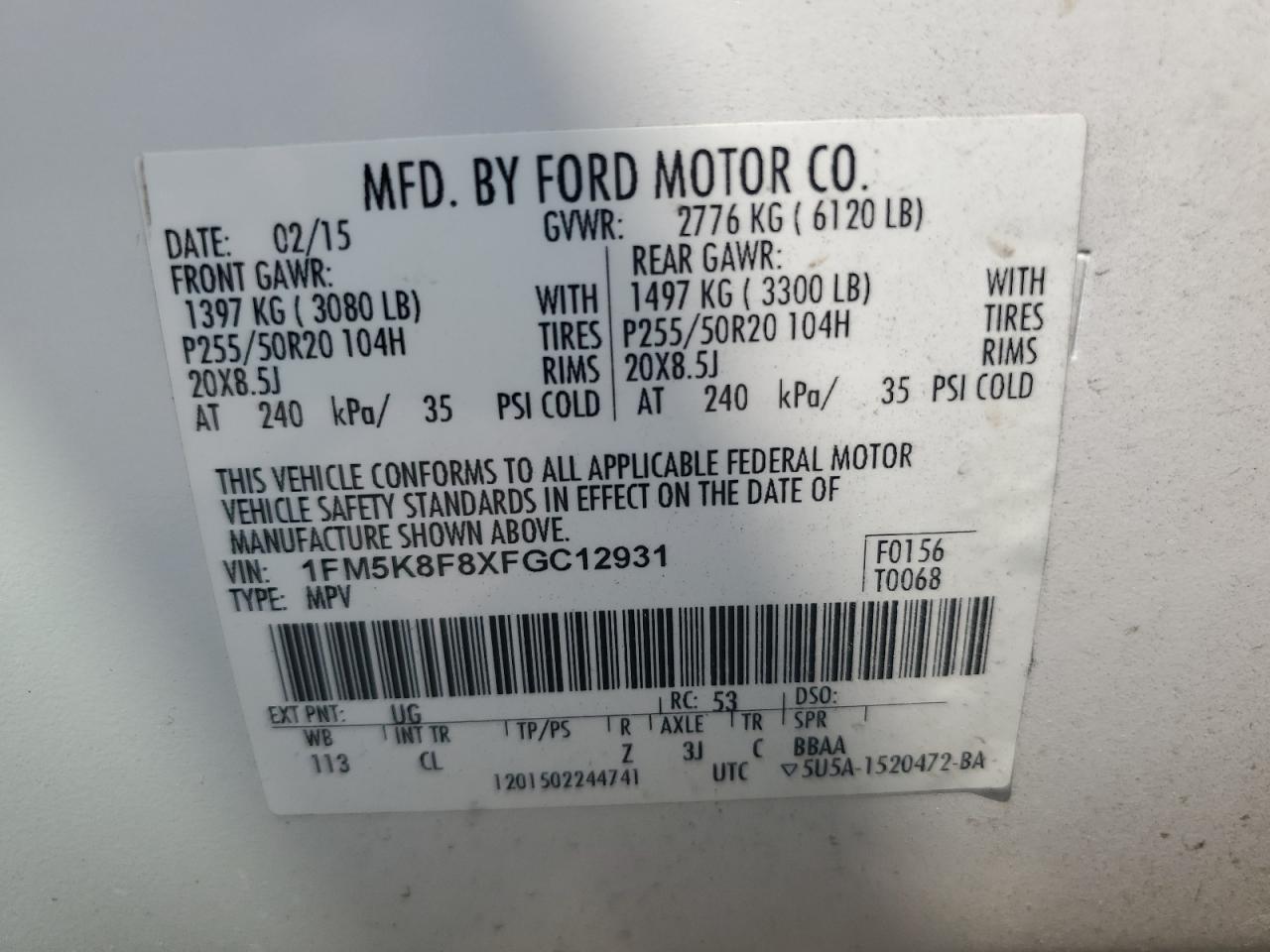 2015 Ford Explorer Limited VIN: 1FM5K8F8XFGC12931 Lot: 64435675