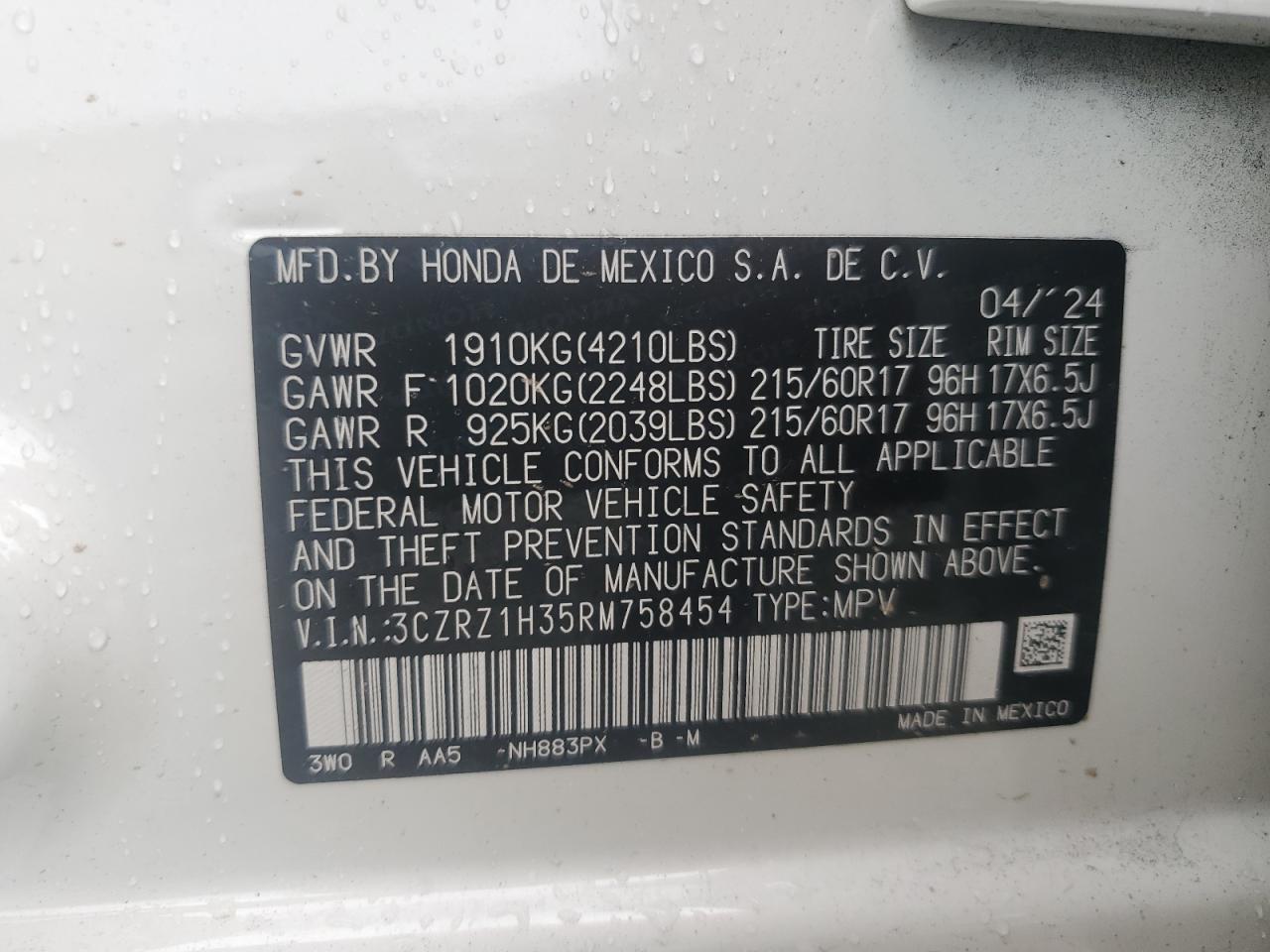 3czrz1h35rm758454 3CZRZ1H35RM758454 2024 Honda Hr-V Lx