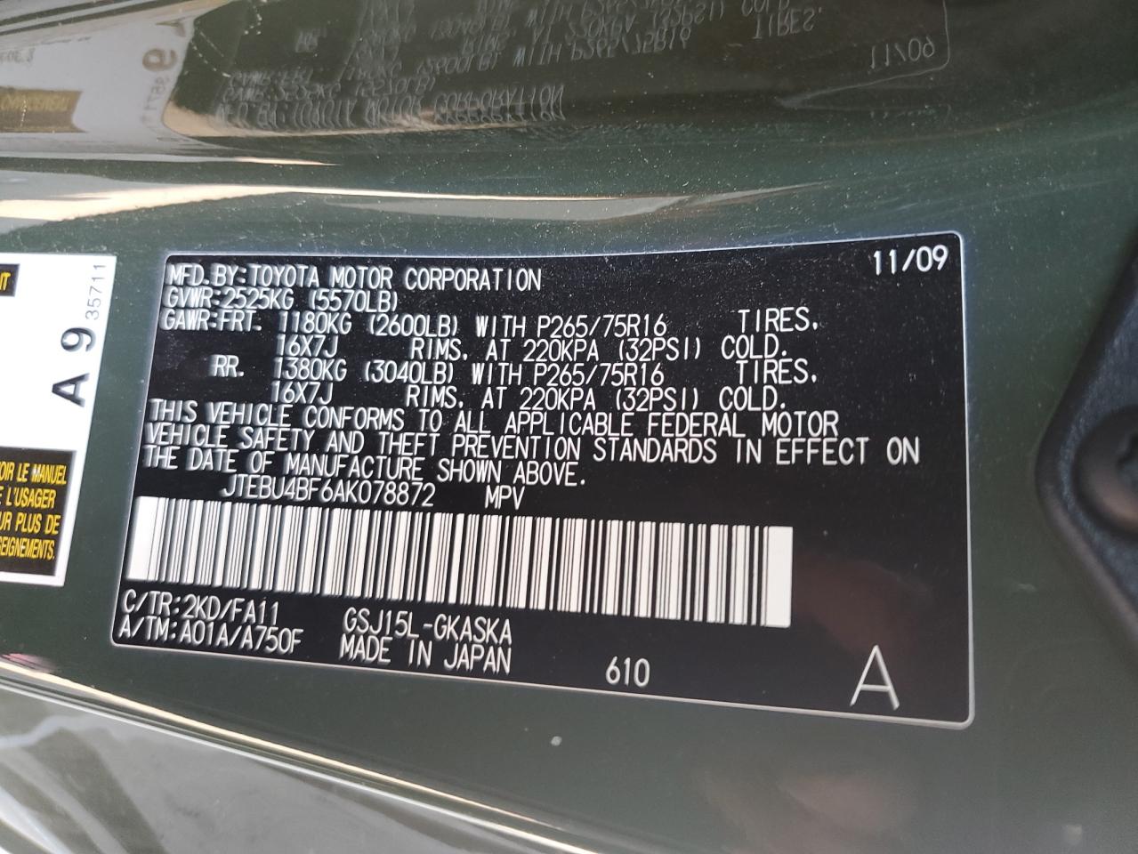 2010 Toyota Fj Cruiser VIN: JTEBU4BF6AK078872 Lot: 66369035