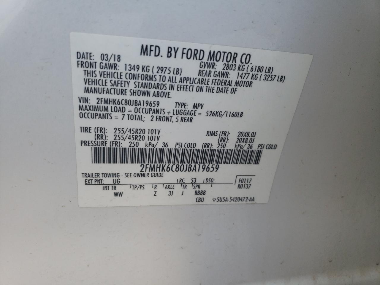 2018 Ford Flex Sel VIN: 2FMHK6C80JBA19659 Lot: 65018085