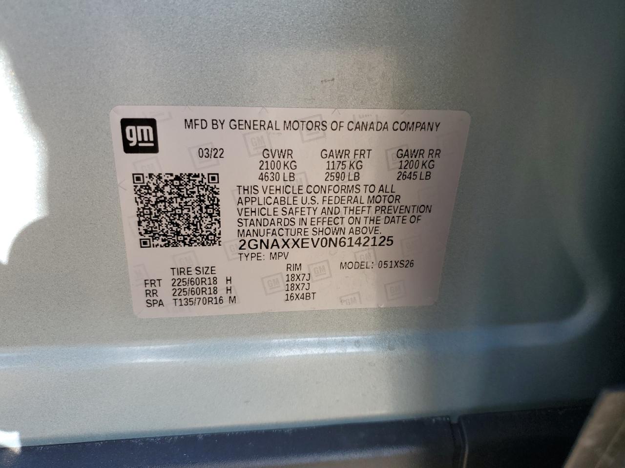 2022 Chevrolet Equinox Premier VIN: 2GNAXXEV0N6142125 Lot: 65216885