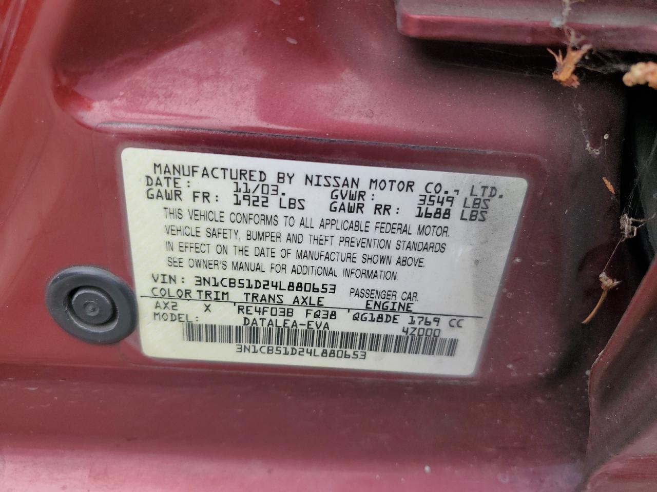 2004 Nissan Sentra 1.8 VIN: 3N1CB51D24L880653 Lot: 65046465