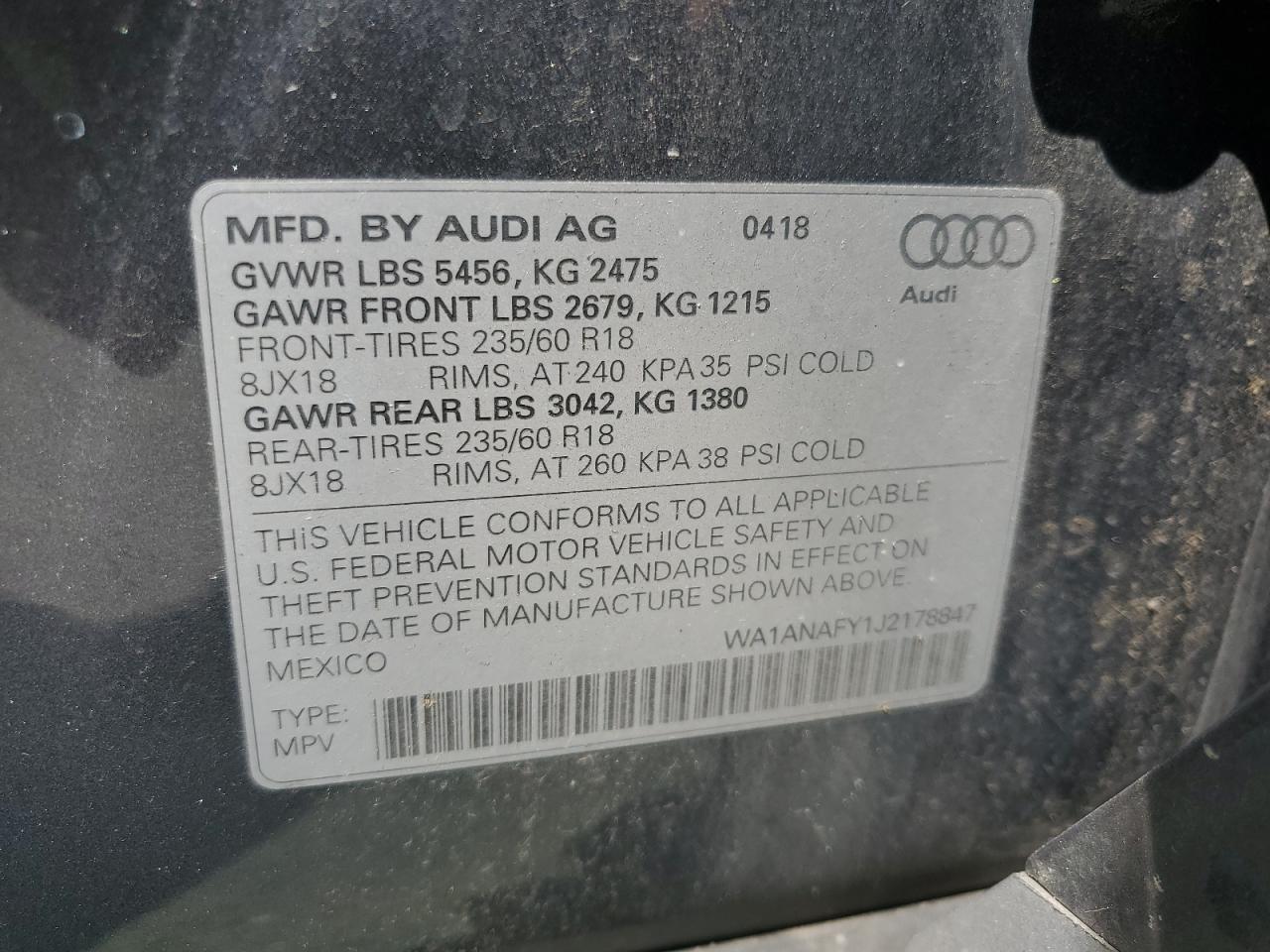 2018 Audi Q5 Premium VIN: WA1ANAFY1J2178847 Lot: 64176315