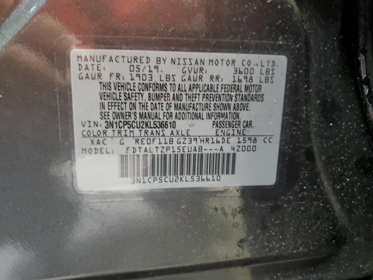 2019 Nissan Kicks S VIN: 3N1CP5CU2KL536610 Lot: 63599325
