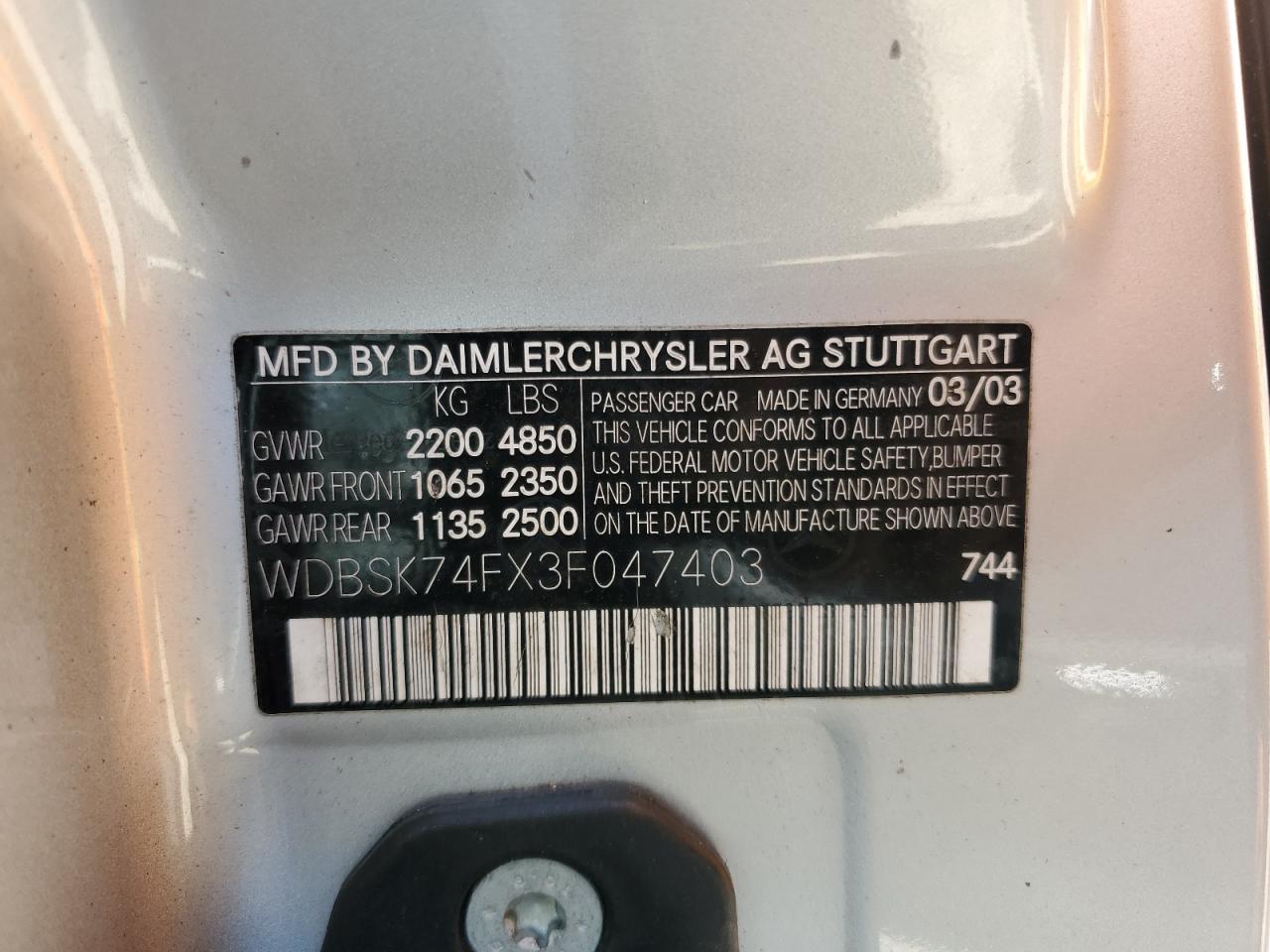 2003 Mercedes-Benz Sl 55 Amg VIN: WDBSK74FX3F047403 Lot: 65367875