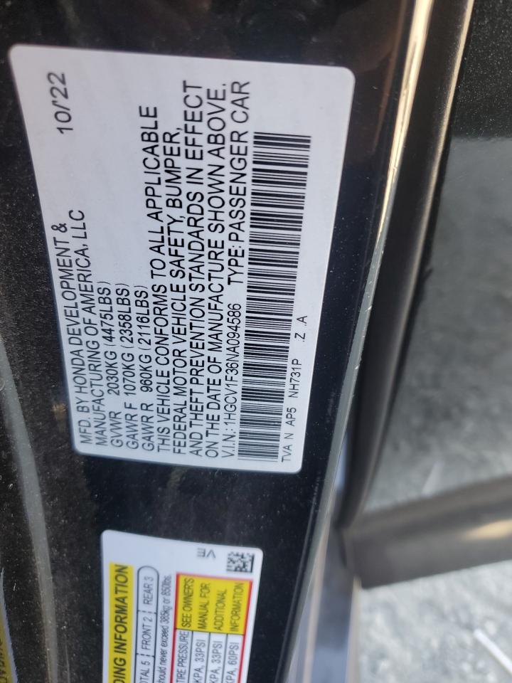 2022 Honda Accord Sport VIN: 1HGCV1F36NA094586 Lot: 64624415