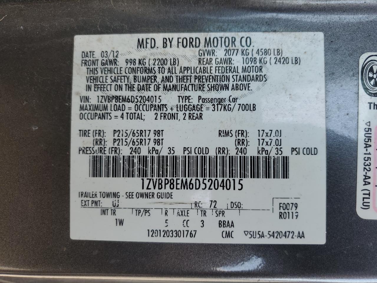 2013 Ford Mustang VIN: 1ZVBP8EM6D5204015 Lot: 65909935