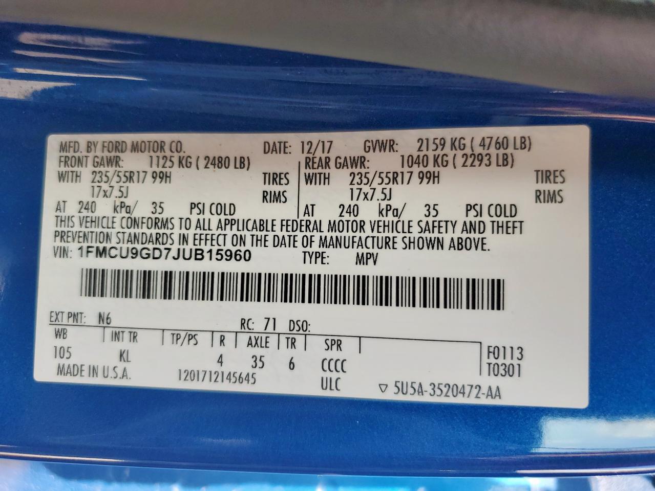2018 Ford Escape Se VIN: 1FMCU9GD7JUB15960 Lot: 65133125