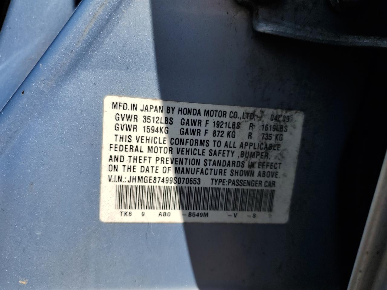2009 Honda Fit Sport VIN: JHMGE87499S070653 Lot: 66495885