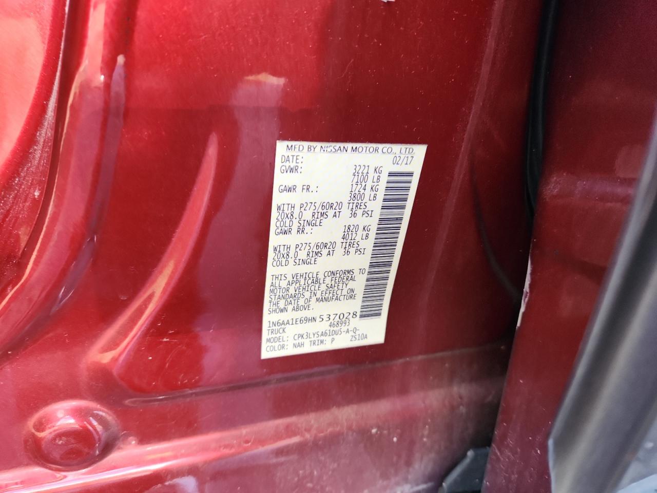 2017 Nissan Titan Sv VIN: 1N6AA1E69HN537028 Lot: 64636995