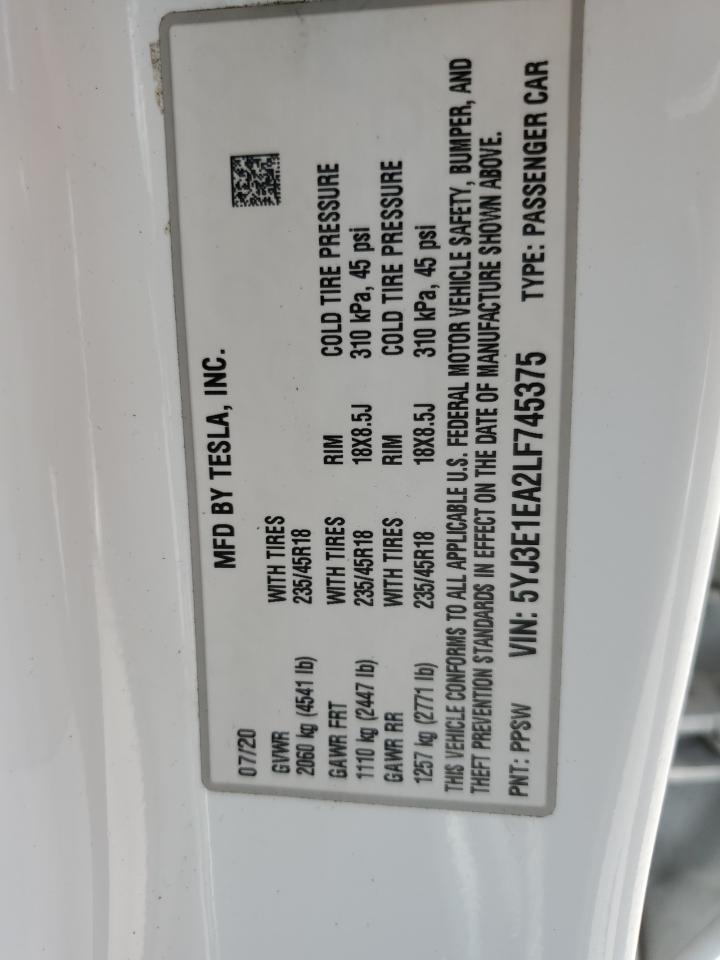 2020 Tesla Model 3 VIN: 5YJ3E1EA2LF745375 Lot: 64019245