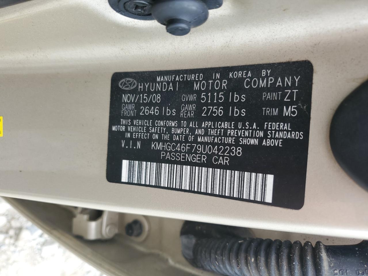 2009 Hyundai Genesis 4.6L VIN: KMHGC46F79U042238 Lot: 62972275