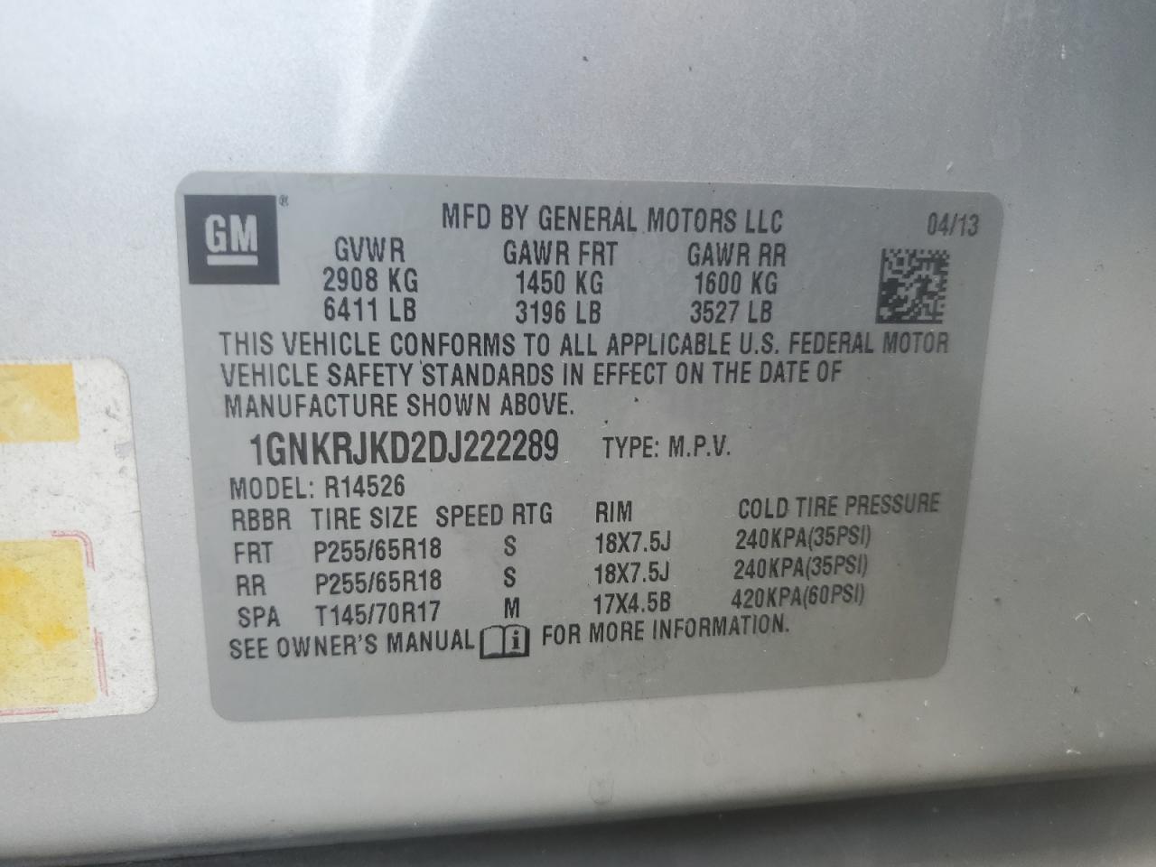 2013 Chevrolet Traverse Lt VIN: 1GNKRJKD2DJ222289 Lot: 63745025