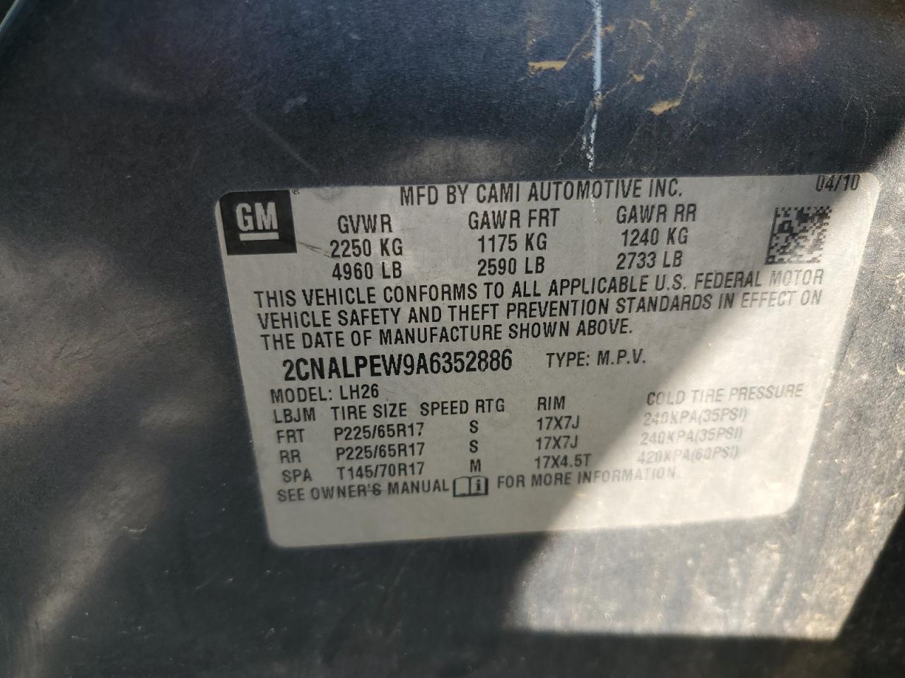 2010 Chevrolet Equinox Lt VIN: 2CNALPEW9A6352886 Lot: 64623155