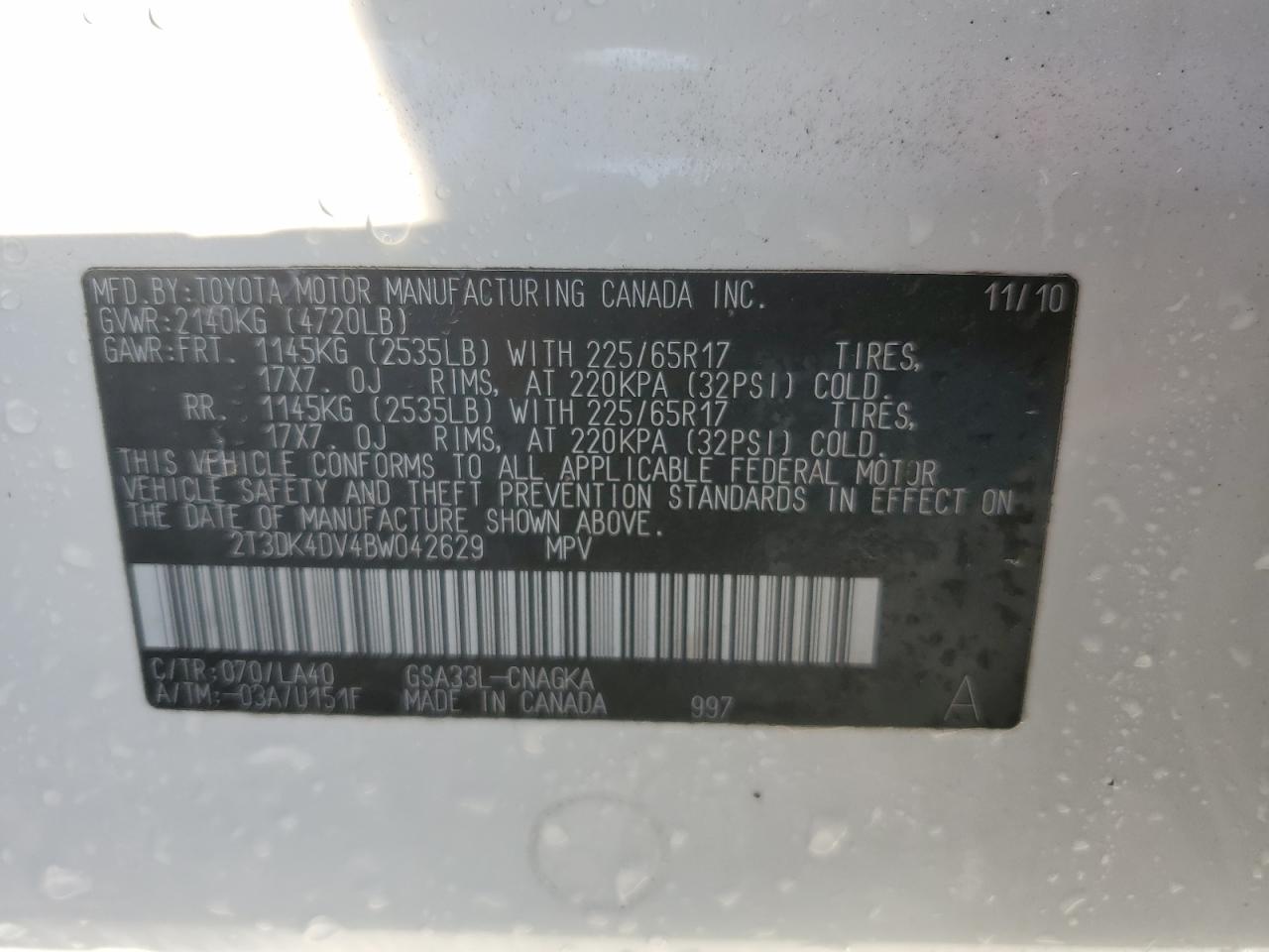 2011 Toyota Rav4 Limited VIN: 2T3DK4DV4BW042629 Lot: 64490115