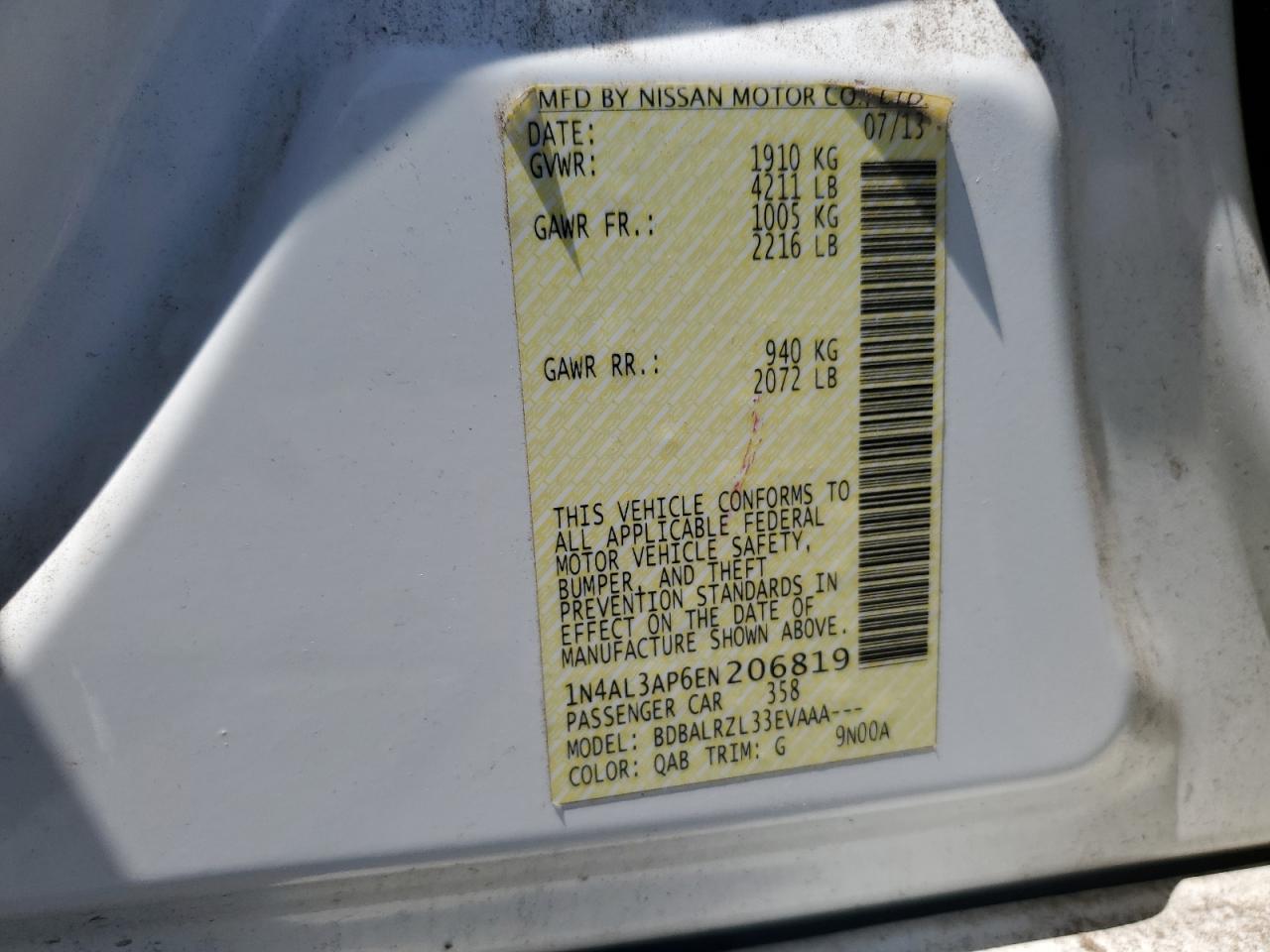2014 Nissan Altima 2.5 VIN: 1N4AL3AP6EN206819 Lot: 63564945