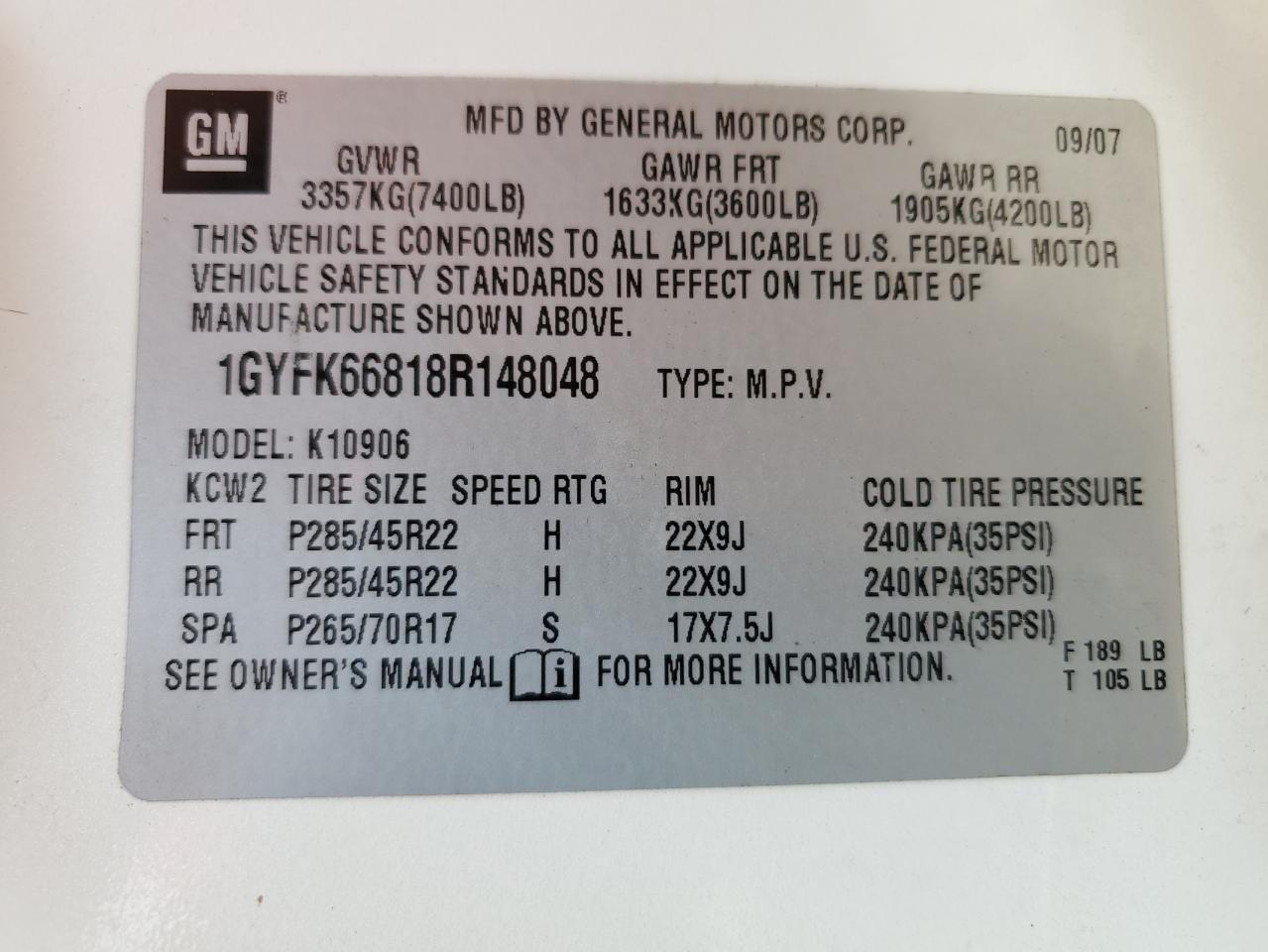 2008 Cadillac Escalade Esv VIN: 1GYFK66818R148048 Lot: 65242025