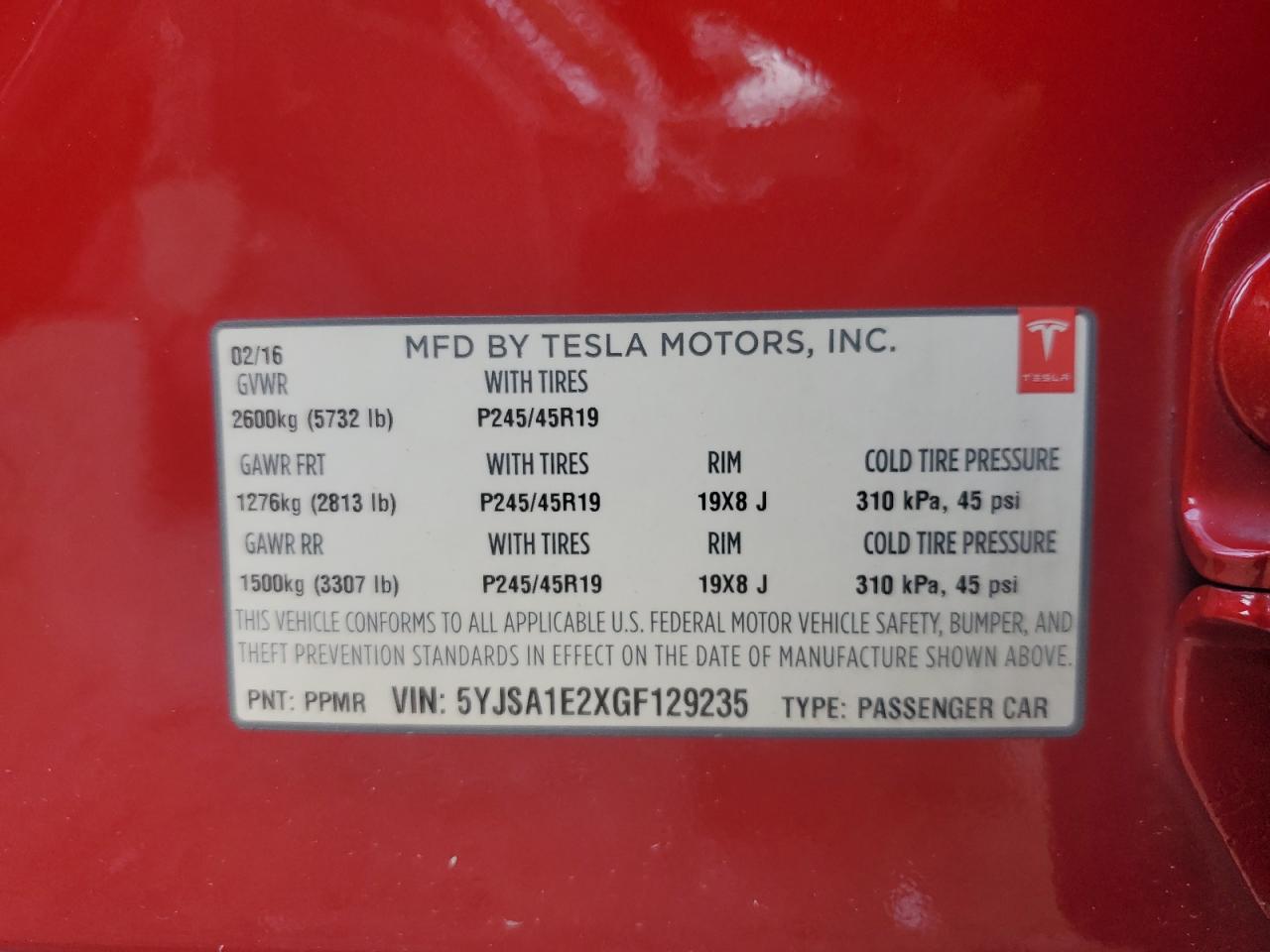 2016 Tesla Model S VIN: 5YJSA1E2XGF129235 Lot: 64692695