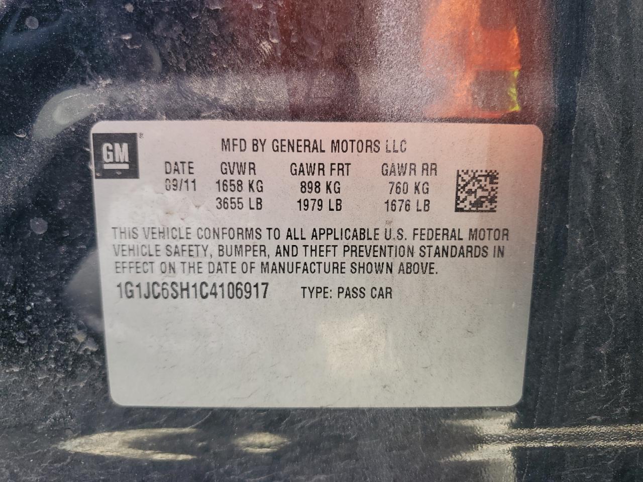 2012 Chevrolet Sonic Lt VIN: 1G1JC6SH1C4106917 Lot: 63215235