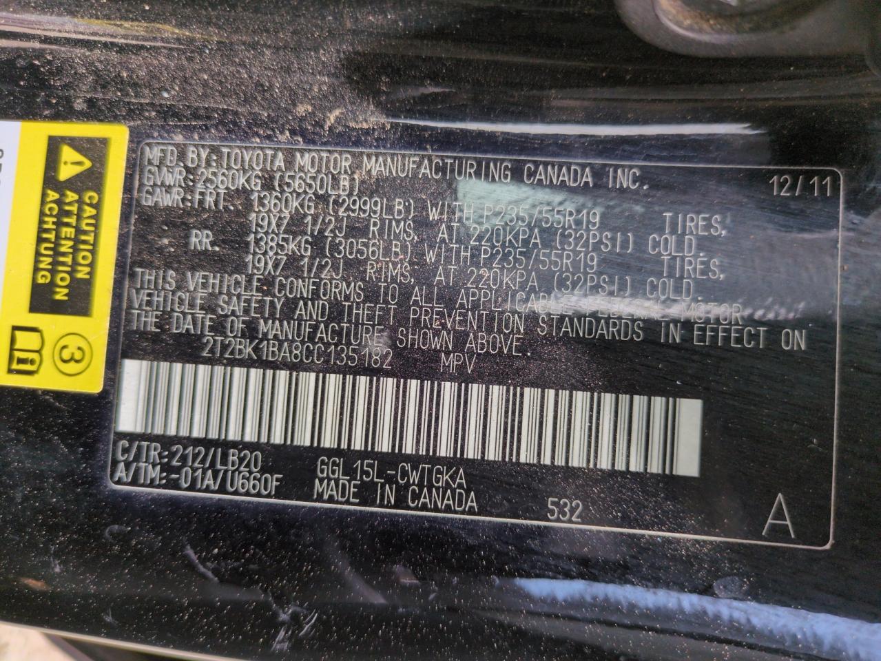 2012 Lexus Rx 350 VIN: 2T2BK1BA8CC135182 Lot: 65387645