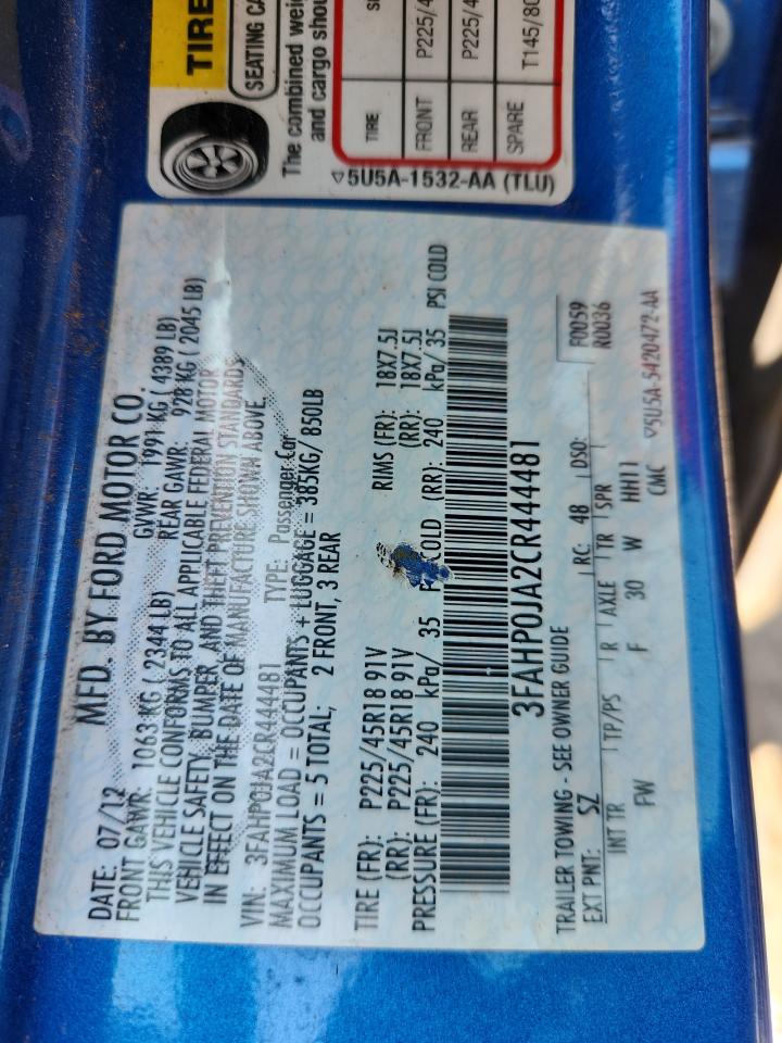 2012 Ford Fusion Sel VIN: 3FAHP0JA2CR444481 Lot: 65245285