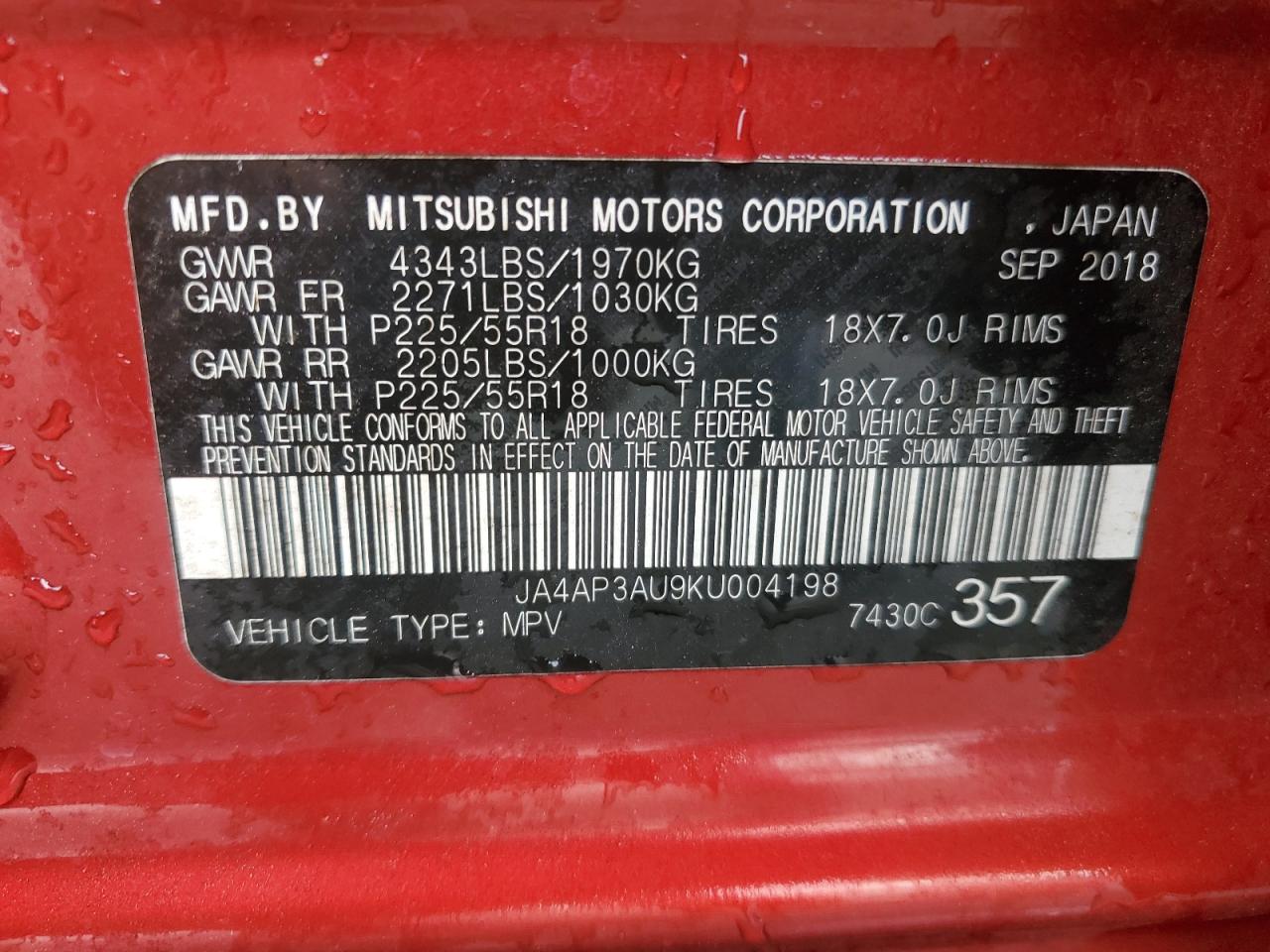 2019 Mitsubishi Outlander Sport Es VIN: JA4AP3AU9KU004198 Lot: 63242685