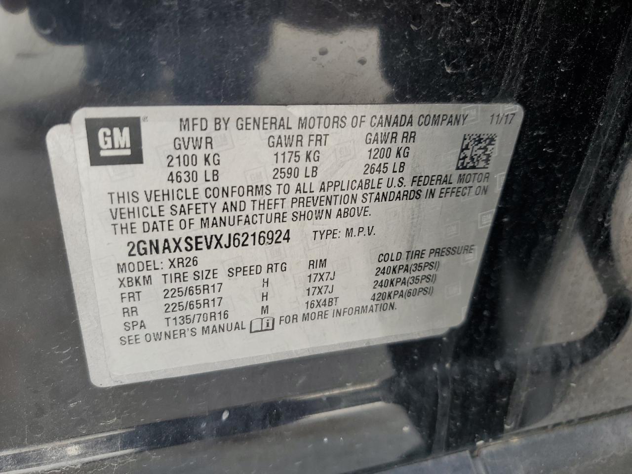 2018 Chevrolet Equinox Lt VIN: 2GNAXSEVXJ6216924 Lot: 63436995