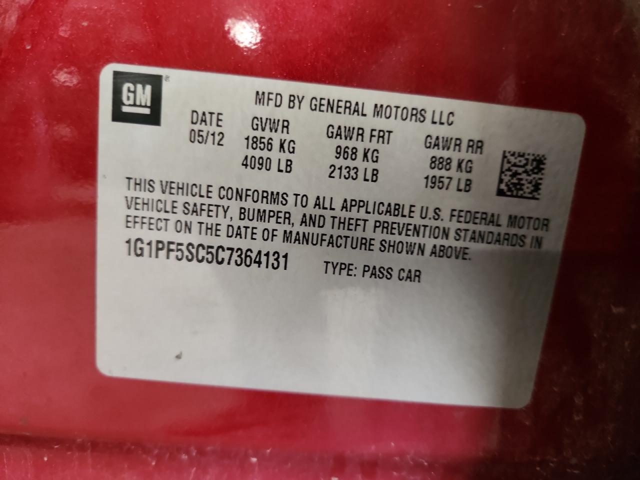 2012 Chevrolet Cruze Lt VIN: 1G1PF5SC5C7364131 Lot: 65511005
