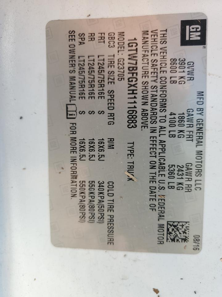 2017 GMC Savana G2500 VIN: 1GTW7BFGXH1116883 Lot: 66181165