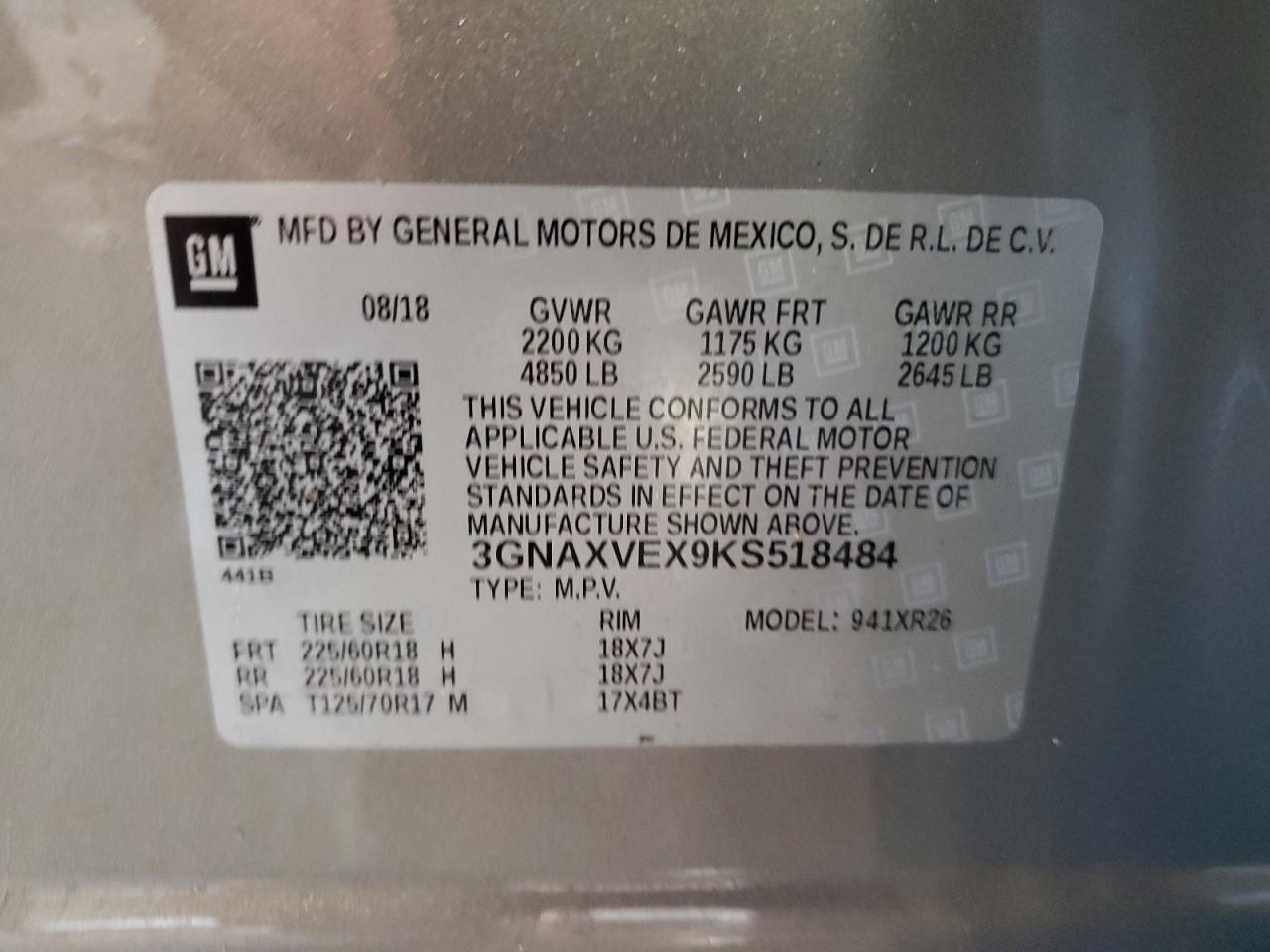 2019 Chevrolet Equinox Lt VIN: 3GNAXVEX9KS518484 Lot: 65135515