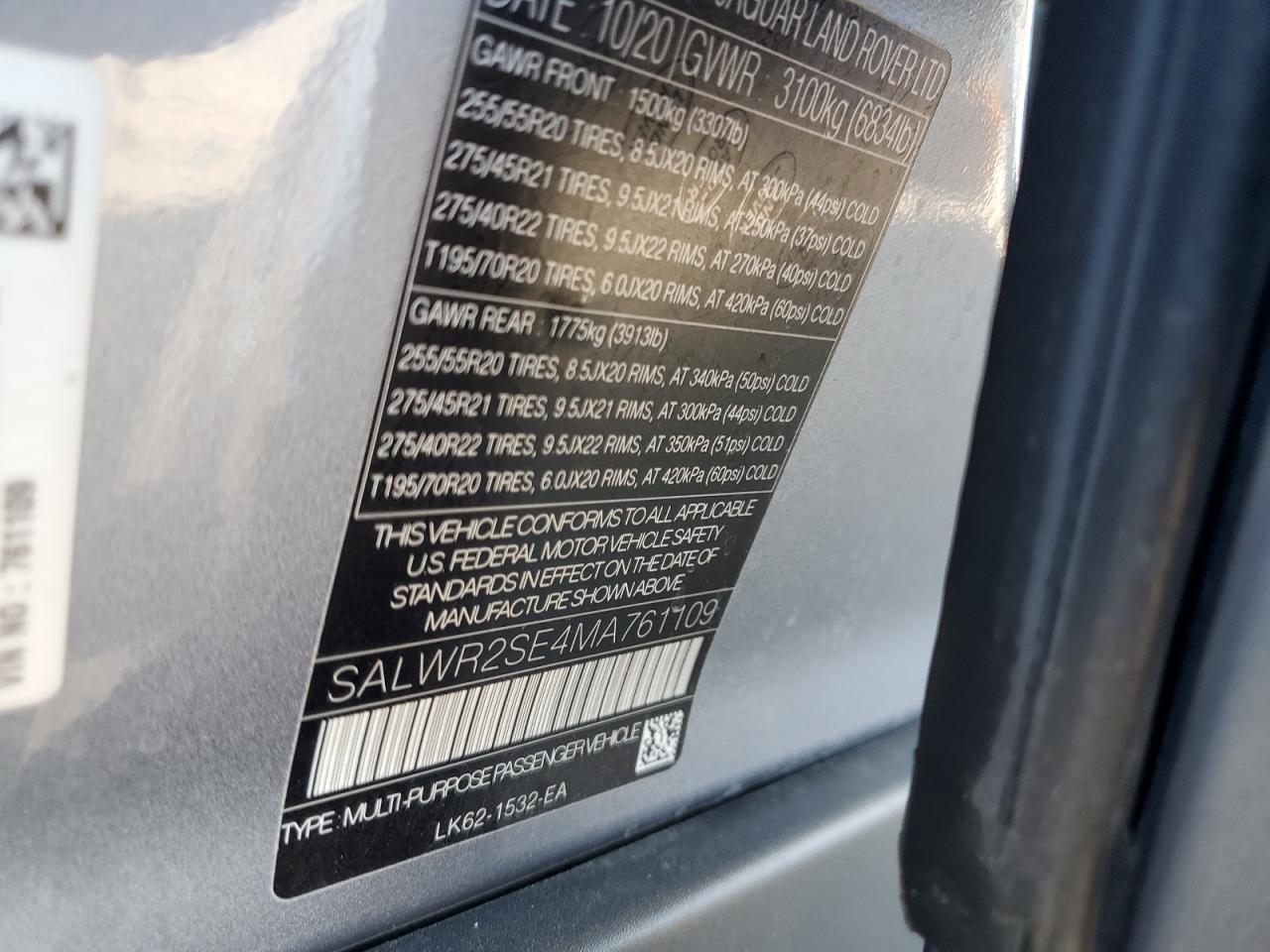 2021 Land Rover Range Rover Sport Hse Dynamic VIN: SALWR2SE4MA761109 Lot: 64433205