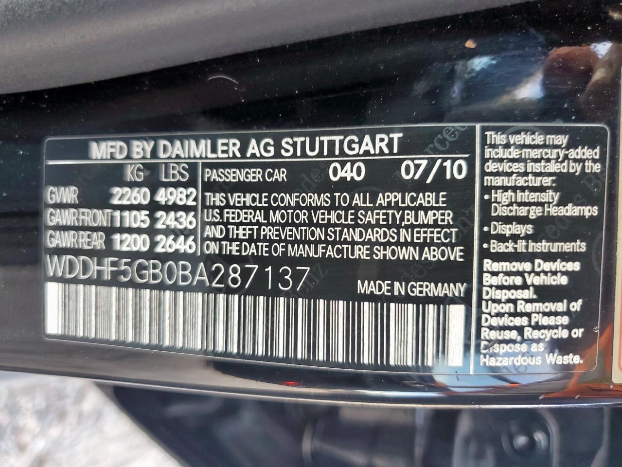 2011 Mercedes-Benz E 350 VIN: WDDHF5GB0BA287137 Lot: 66663245