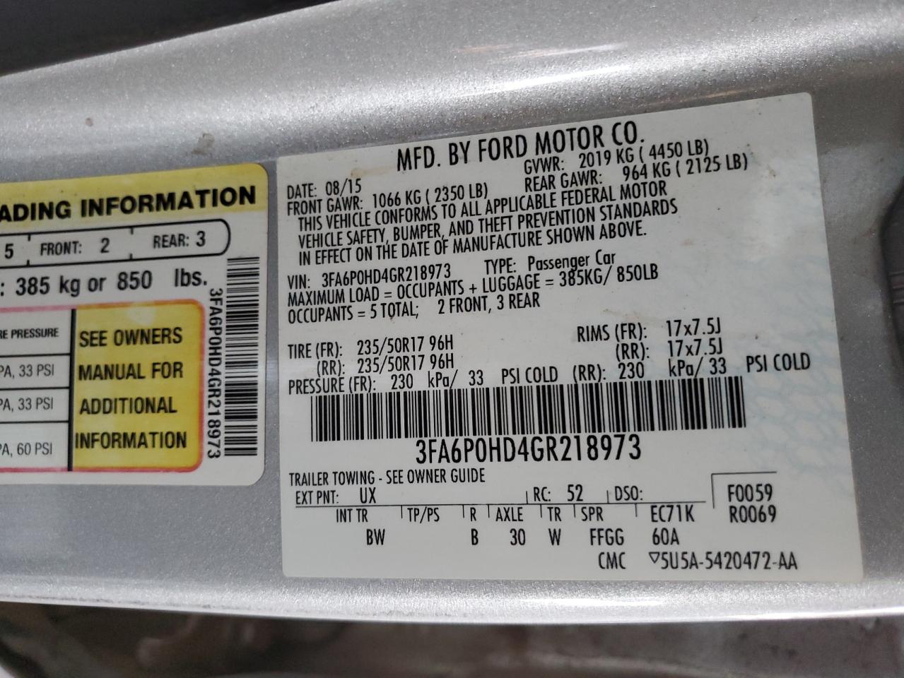 2016 Ford Fusion Se VIN: 3FA6P0HD4GR218973 Lot: 92195495