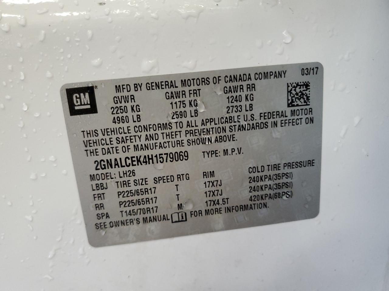 2017 Chevrolet Equinox Lt VIN: 2GNALCEK4H1579069 Lot: 65025005