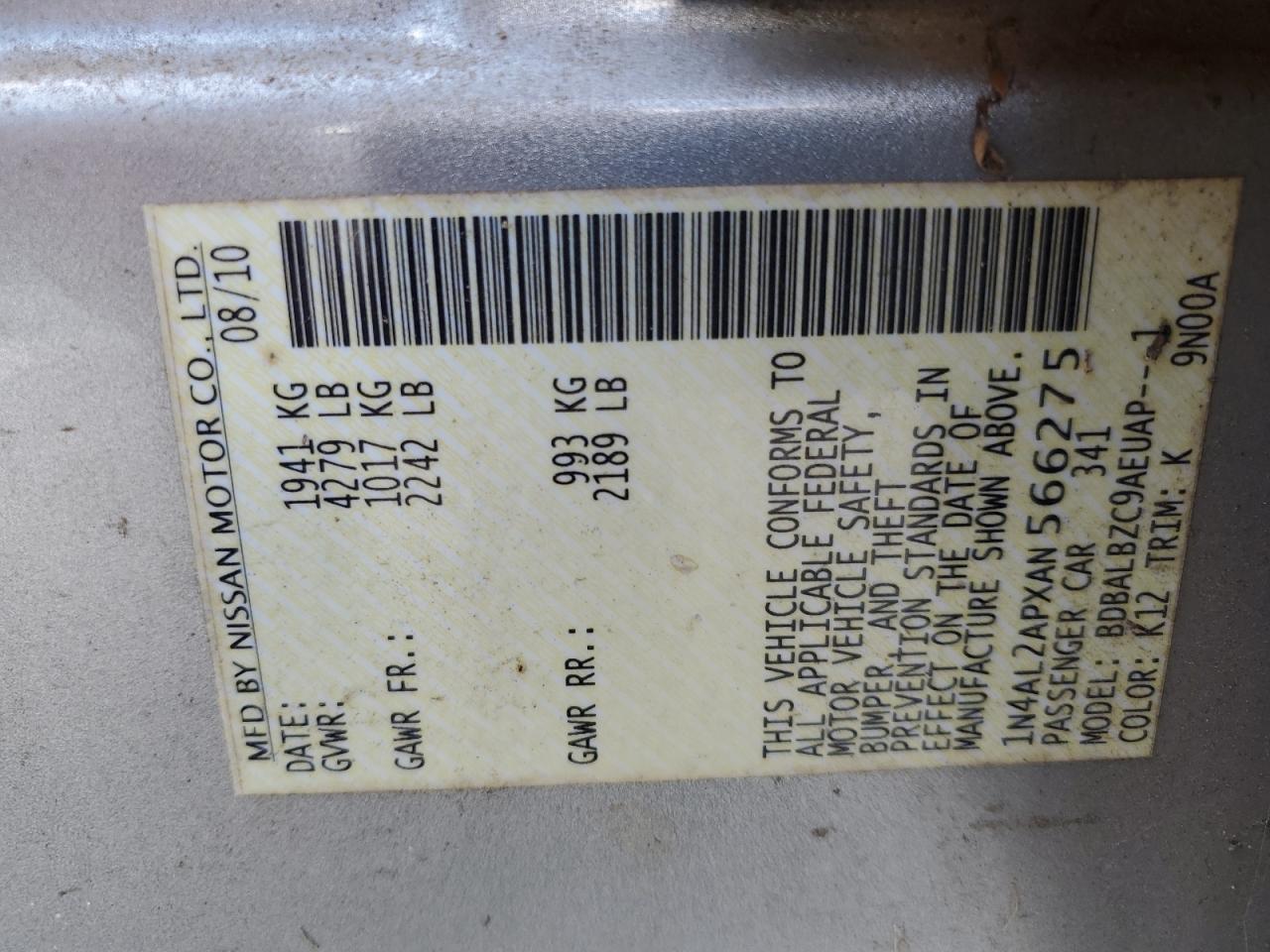 2010 Nissan Altima Base VIN: 1N4AL2APXAN566275 Lot: 64845615