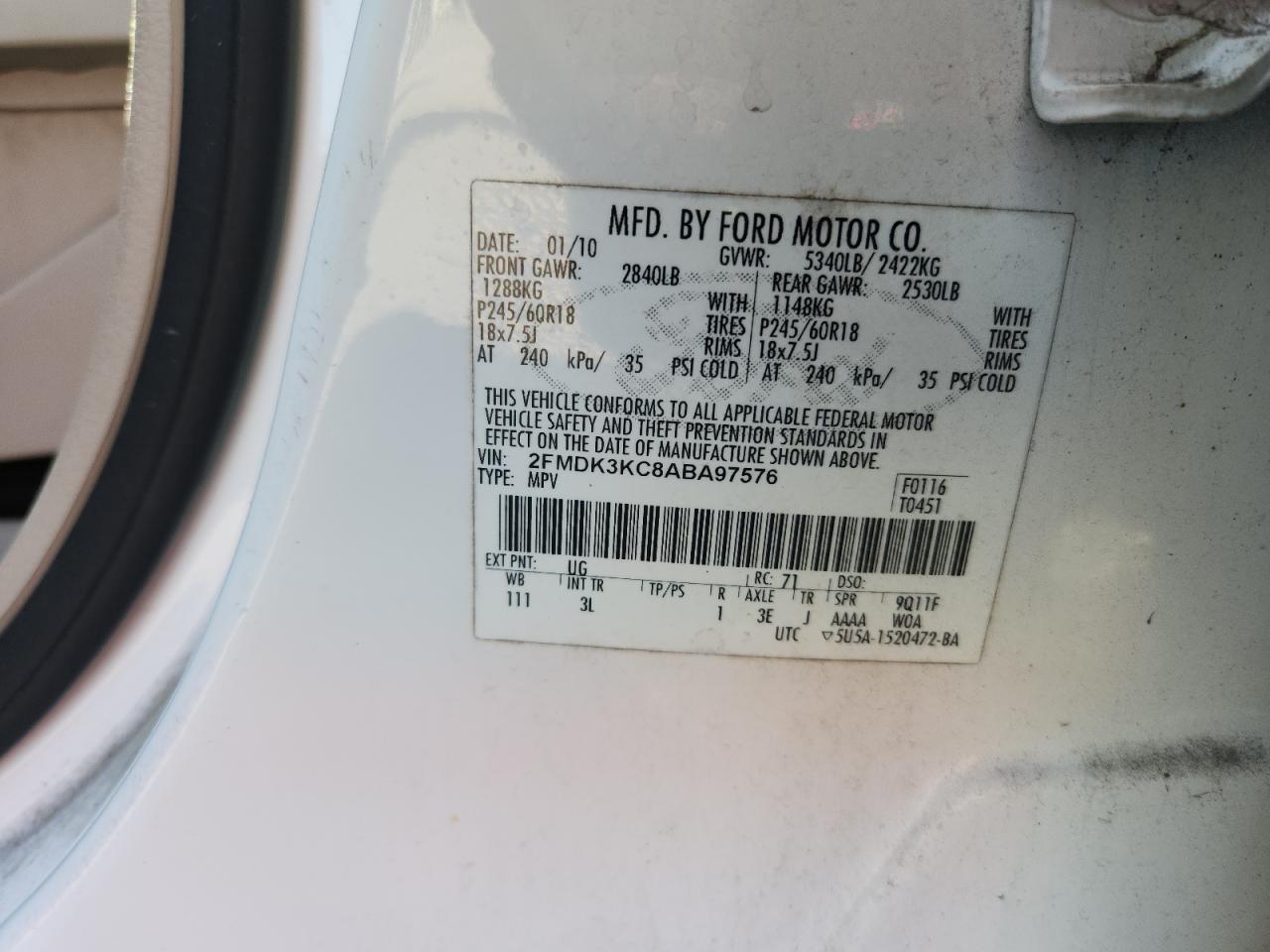 2010 Ford Edge Limited VIN: 2FMDK3KC8ABA97576 Lot: 64836065