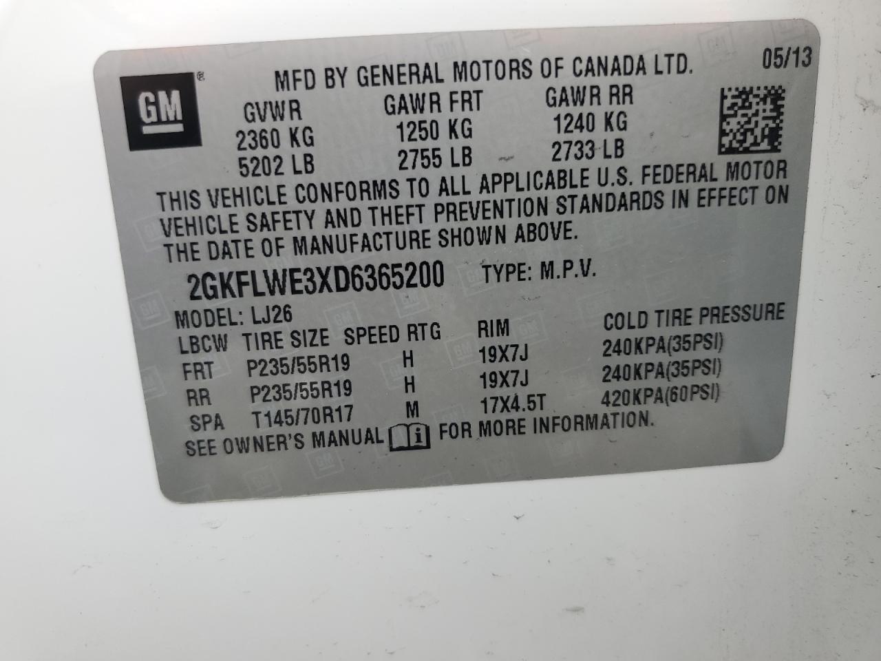 2013 GMC Terrain Slt VIN: 2GKFLWE3XD6365200 Lot: 64055825
